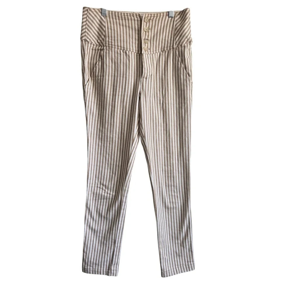 Free People 6 Striped Trousers Women Tan Excellent High Rise Button Fly Skinny